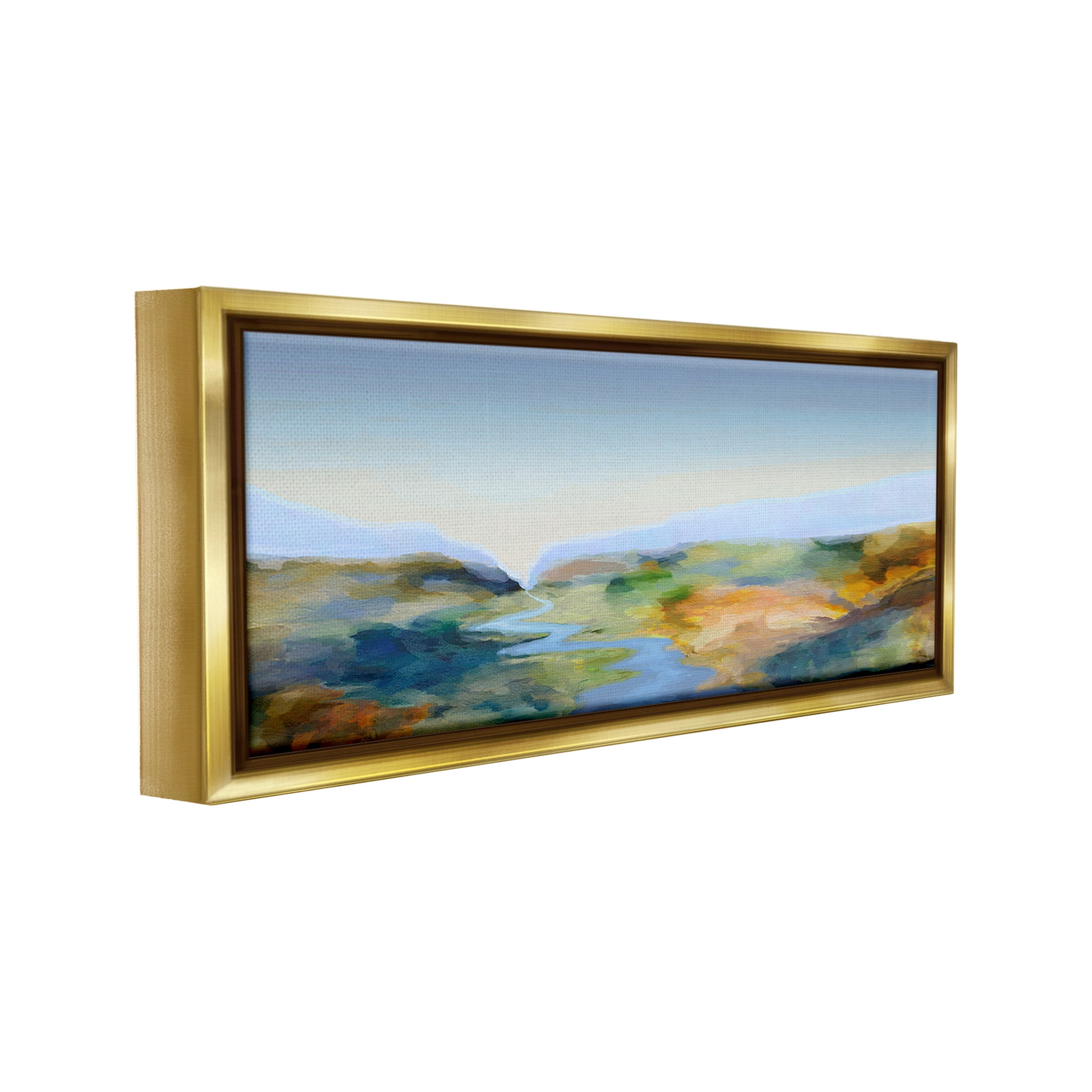 Stupell Industries Abstract Winding Stream Landscape Painting Gold Floater Framed Canvas Art Print Wall Art, 25 x 11
