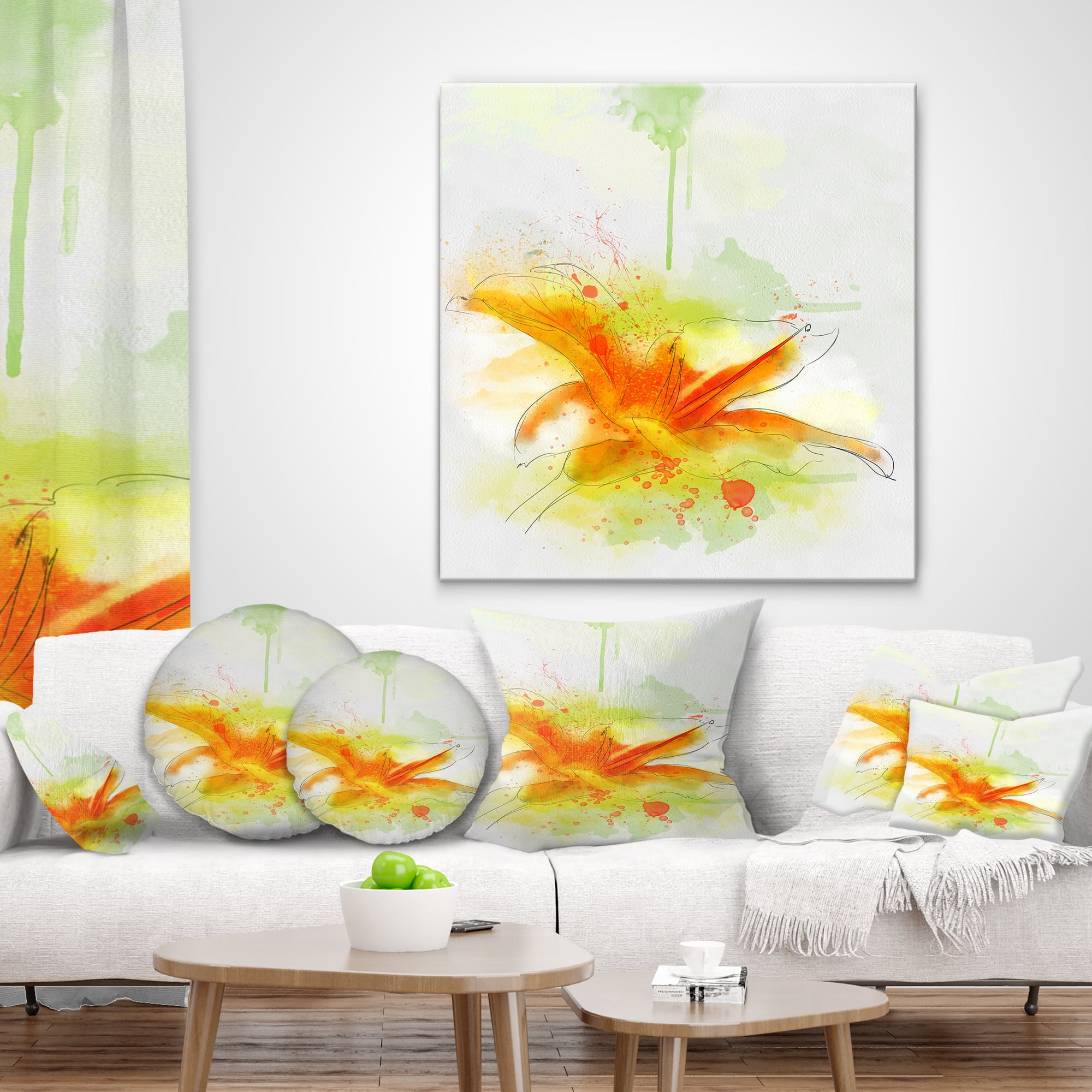 Designart Yellow Red Flower with Color Splashes - Floral Throw Pillow - 16x16