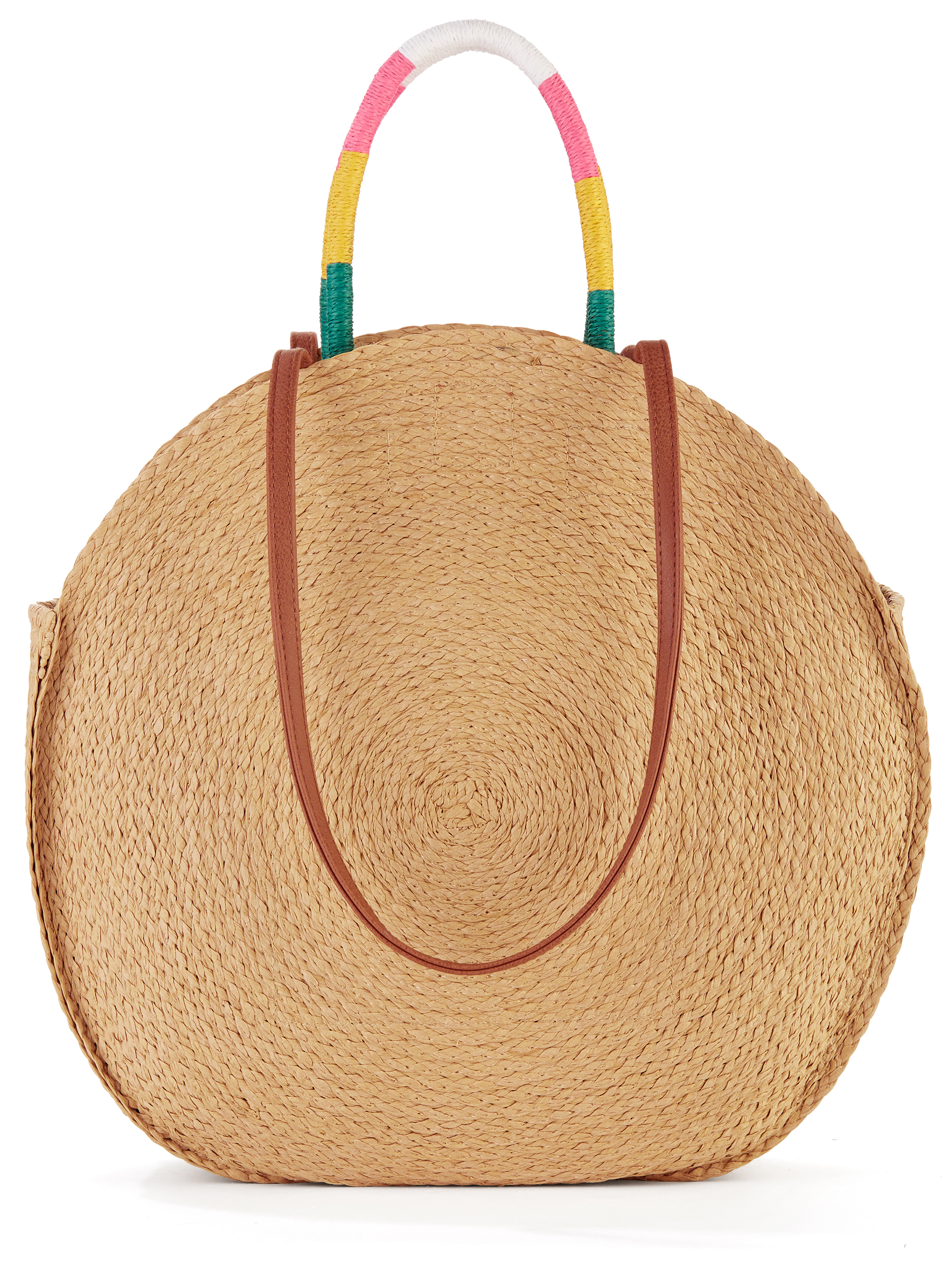 Time and Tru Women's Striped Straw Circle Tote Bag with Inner Slip Pocket Coral Multi - image 3 of 7