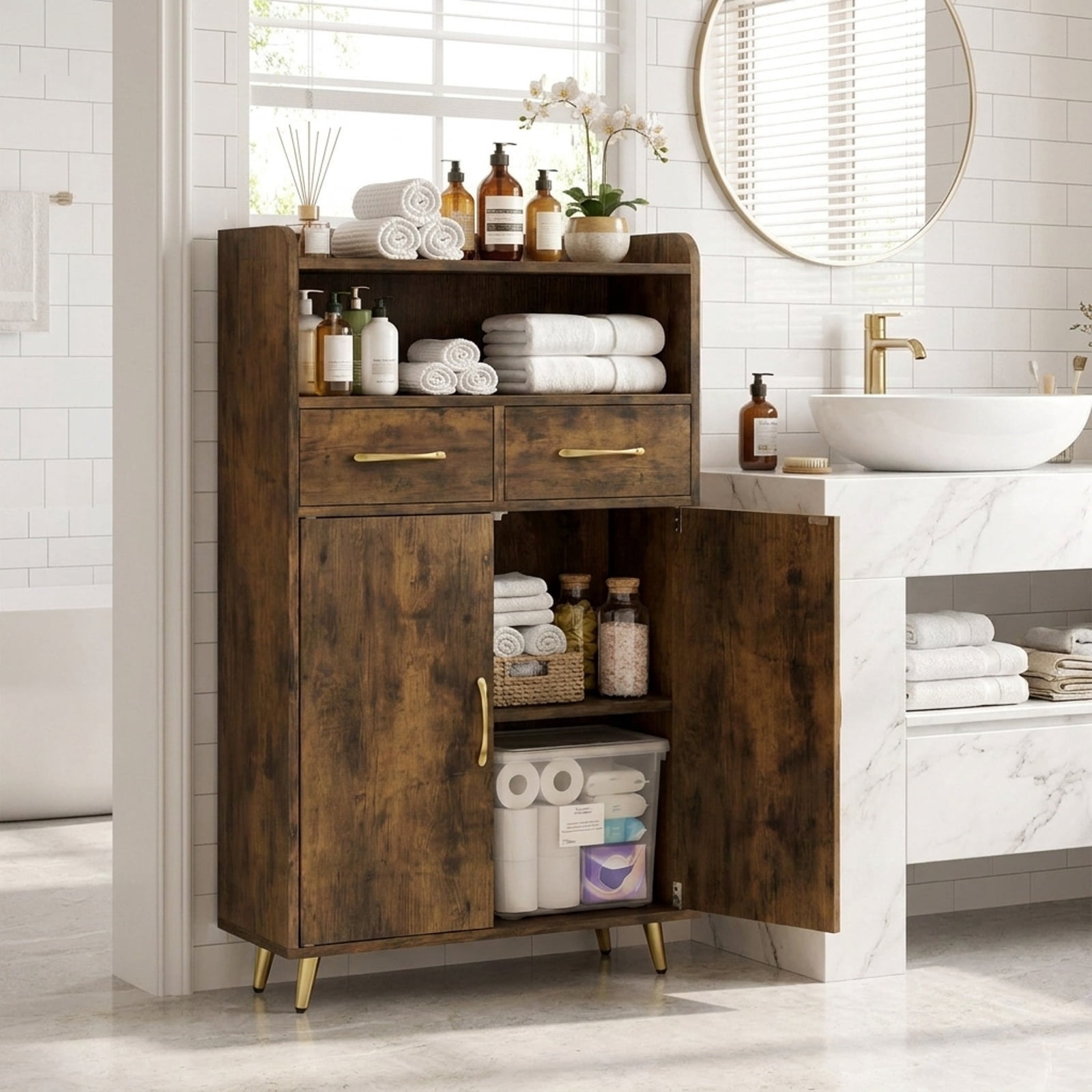 Vebreda Freestanding Bathroom Storage Cabinet, Bathroom Storage Cabinet Freestanding Floor Cabinet with 2 Drawers, Complement Various Rooms