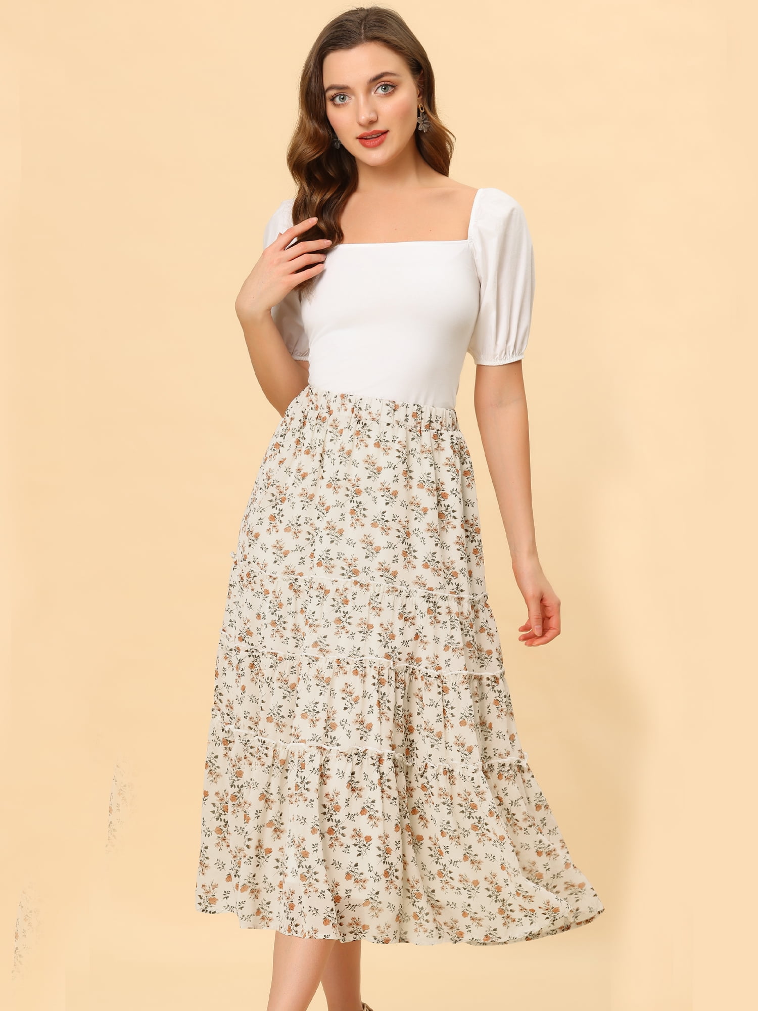 DARING DIVA Women's Chiffon Tiered A-Line Maxi Skirt XL White A