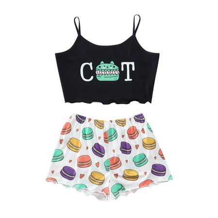 

koaiezne Womens Suspender Top Shorts Pajama Suit Pattern Printed Fashion Two Piece Housewear Women Thermal Pajamas Slippers for Girls Age 9