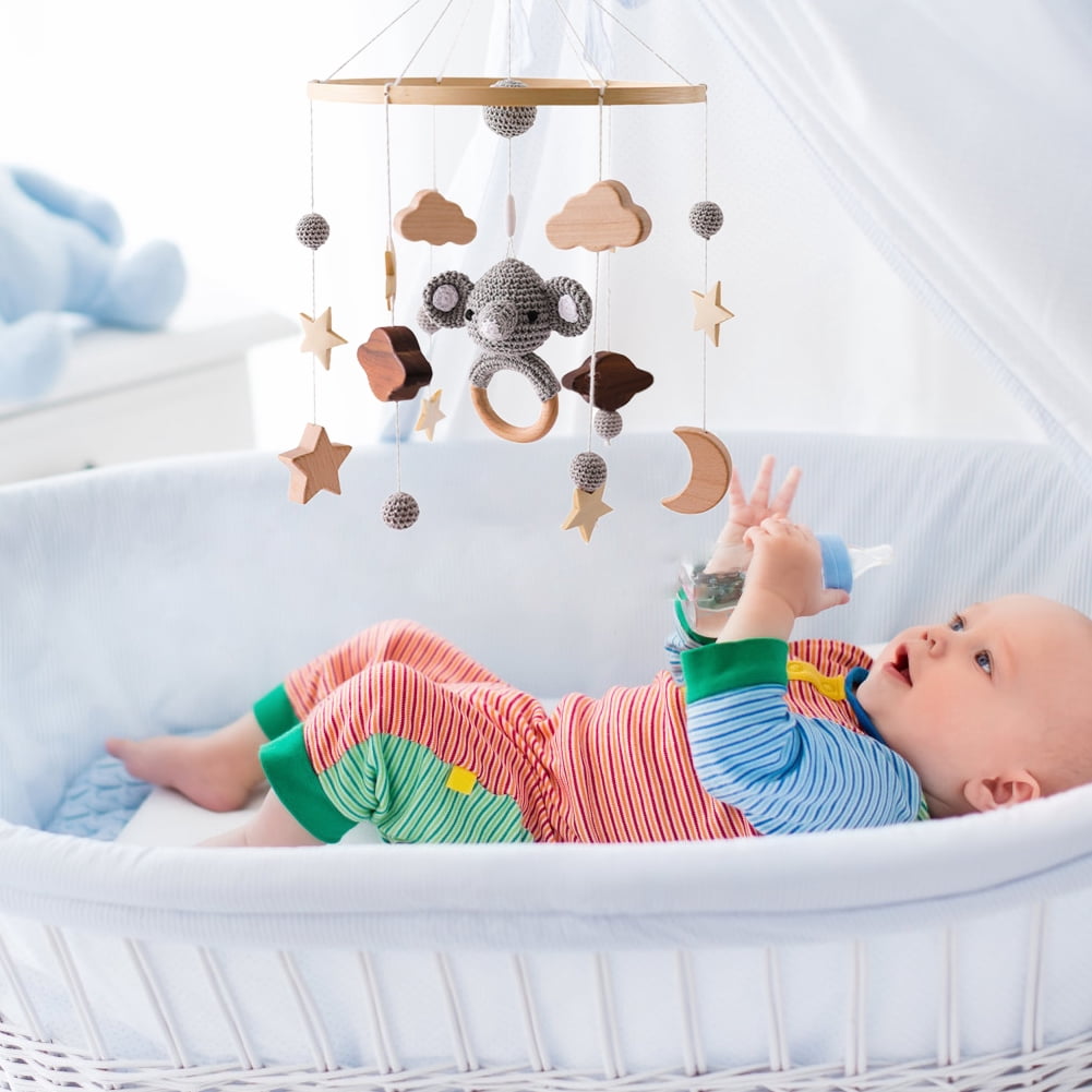 Baby Crib Mobile with Wooden Wind Chimes, Crochet Star Moon Cloud Hanging Bed Bell for Newborn Sleep Soothing, Rotating Crib Decoration