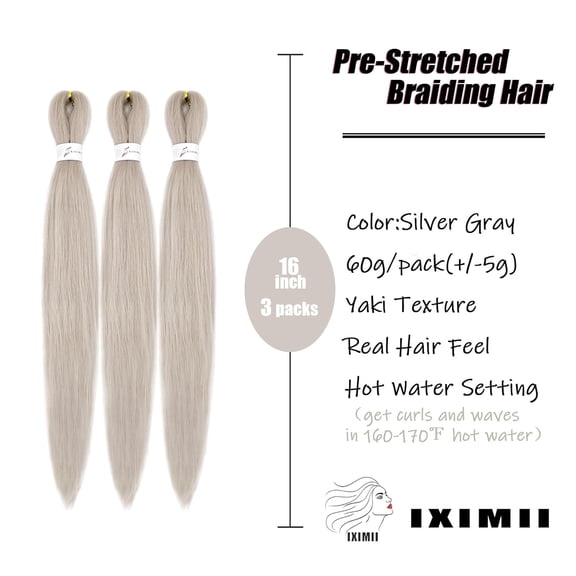 JINYUN-16 inch Silver Gray Pre Stretched Braiding Hair 3 packs Prestretched Braids Hair Grey Soft Straight Crochet Braids Yaki Texture Synthetic Hair Extensions