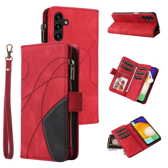 Samsung Galaxy A14 5G Wallet Phone Case, Premium PU Leather TPU Shockproof Folio Flip Stand Cover with Wrist Strap Card Slots Wallet Pocket Zip Purse Phone Case  Samsung A14 5G, Red