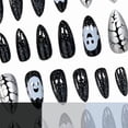 thumbnail image 2 of Halloween Medium Press On Nails 24Pcs, Dark Red Green Contrast Glitter Ghost Fake Nails Set, Metallic Crack Texture Reusable False Nails Kit for Party Daily Wear Women Girls, 2 of 7