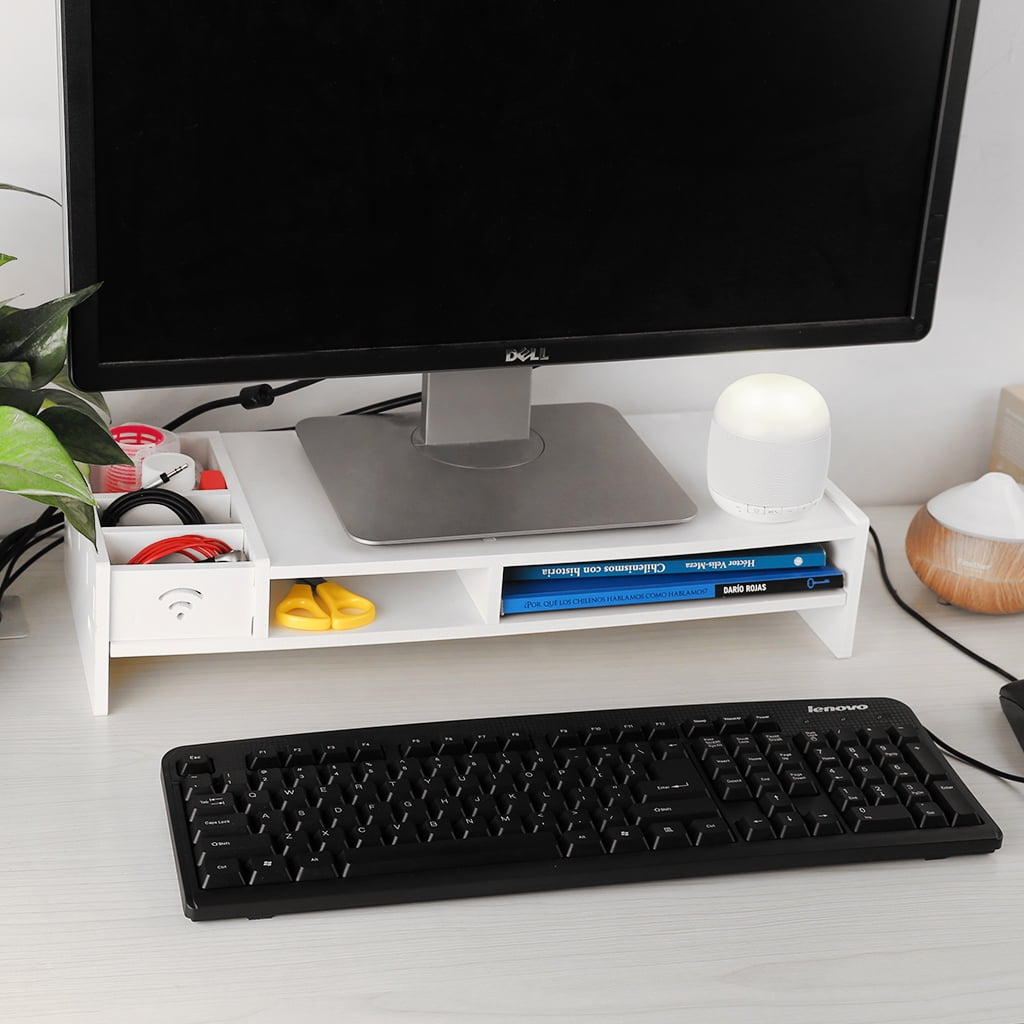 Finether Wood Plastic Composite Computer Monitor Stand Desktop Organizer Rack With 5 Compartment Storage For Office Supplies And Bottom Space