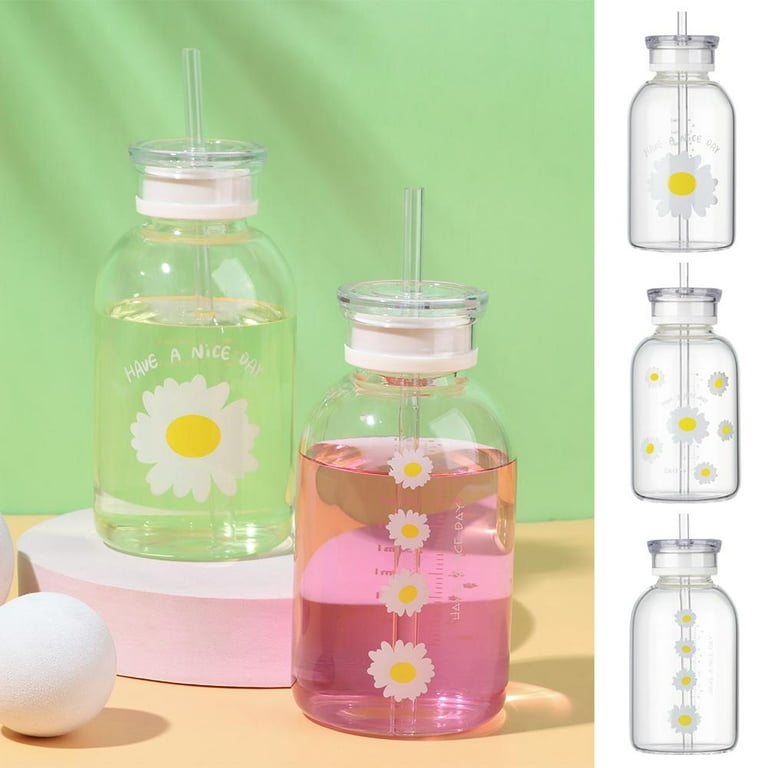 Cute Flower Daisy Straw with Scale Water Bottle Drinking Bottles Glass  Bottle Milk Juice Cup FROSTED C 