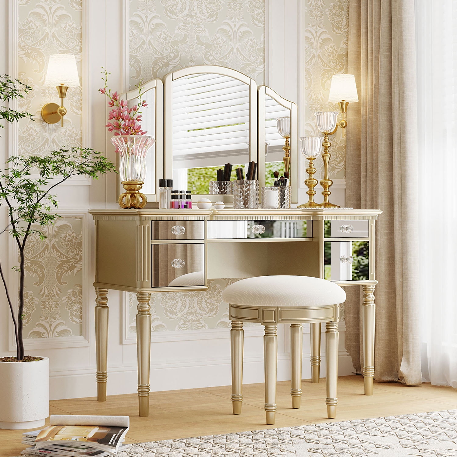 Resenkos 43" Dressing Table Set with Mirrored Drawers and Stool, Tri-fold Mirror, Makeup Vanity Set for Bedroom, Gold Resenkos 43" Dressing Table Set with Mirrored Drawers and Stool, Tri-fold Mirror, Makeup Vanity Set for Bedroom, Gold