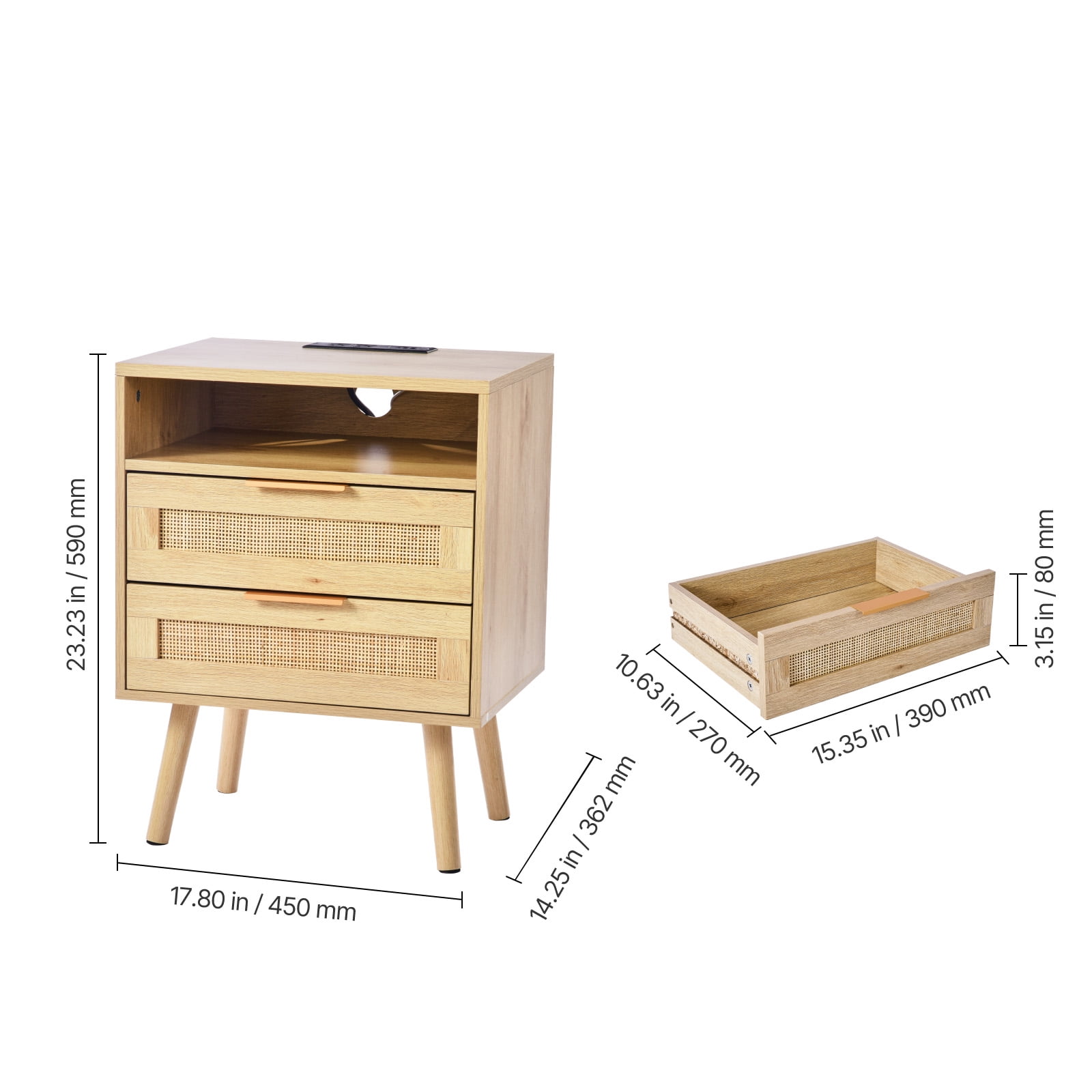 KFFKFF Wicker Nightstand, Bohemian Style Side Table with Open Compartment and Dual Drawers, Wicker Accent Table Nightstand with Sturdy Wooden Legs, Wicker Bedside Table with Power Dock