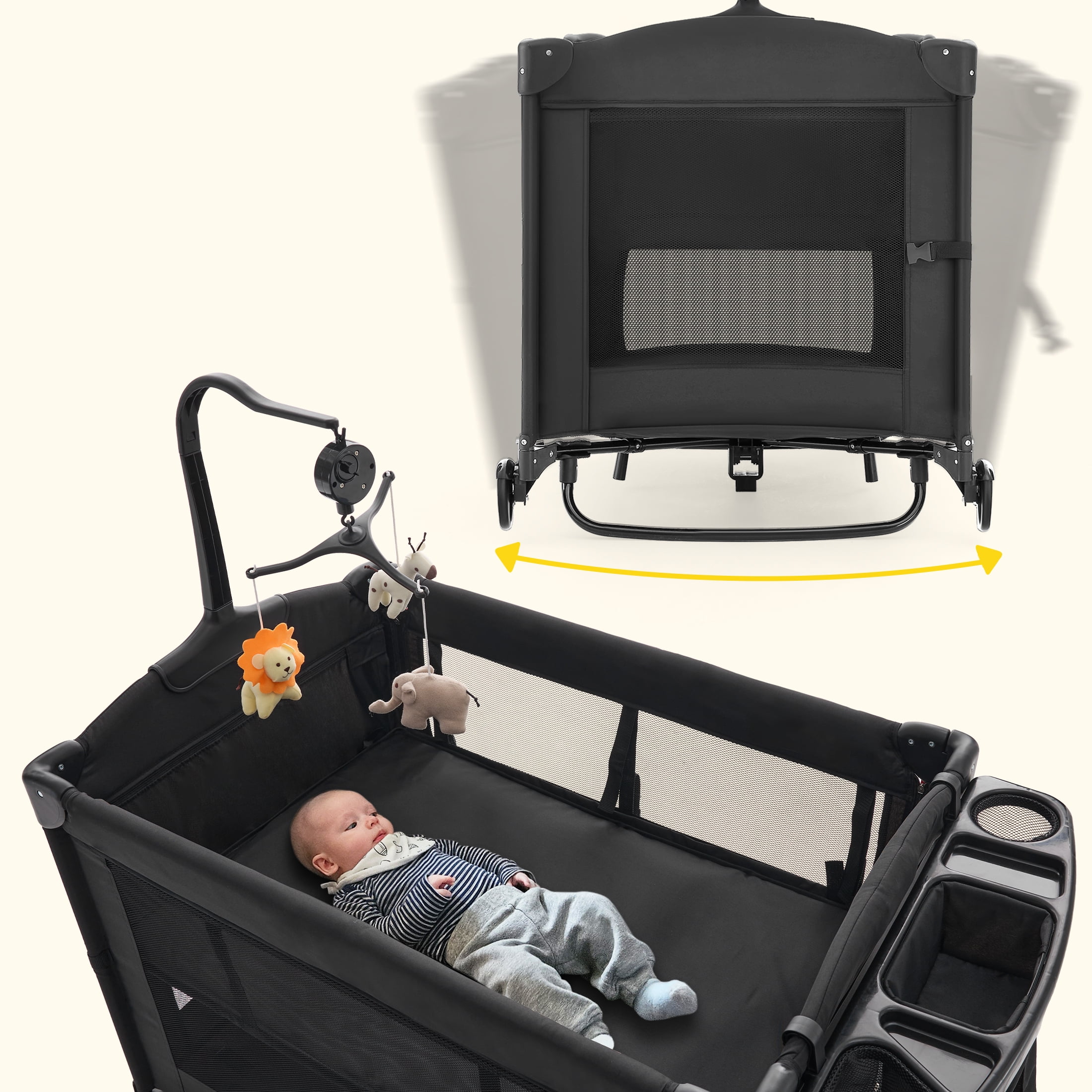 HARPPA 5 in 1 Portable Playard and Bassinet Bedside Sleeper for Newborn to Toddler, Unisex, Black
