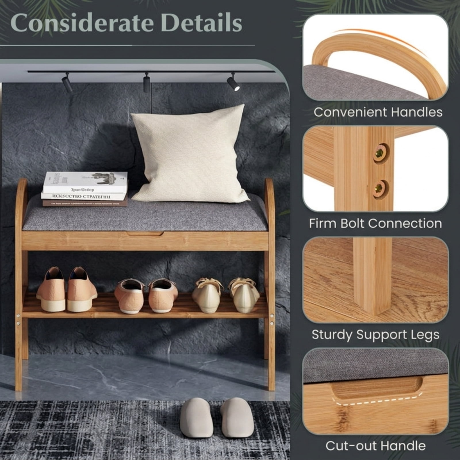 Furnibear 2 Tier Bamboo Shoe Bench with Hidden Storage Compartment and Padded Cushion for Entryway Shoe Storage Seating, Gray