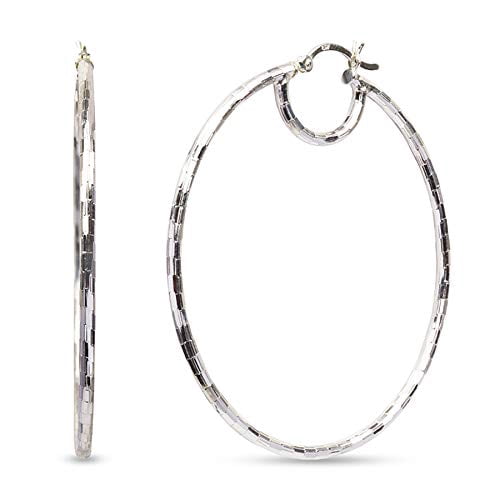 LeCalla 925 Sterling Silver Light-Weight Diamond-Cut Italian Design Click Top Big Hoop Earrings for Women and Teen 50MM