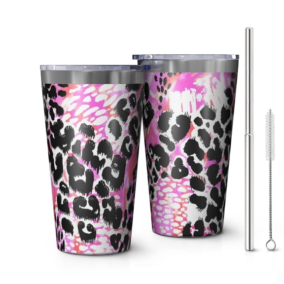 16oz Tumblers Pink Leopard Pattern Stainless Steel Vacuum Insulated Double Wall Travel Tumbler Cups Mug with Lid and Straw,Cleaning Brush for Coffee,Tea