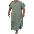 thumbnail image 1 of PENGXIANG Mens V Robe de Lin Cou Manches Courtes Kaftan Thobe Robe Longue Saudi Arabe Thobe Musulman Dubai Robe, 1 of 5