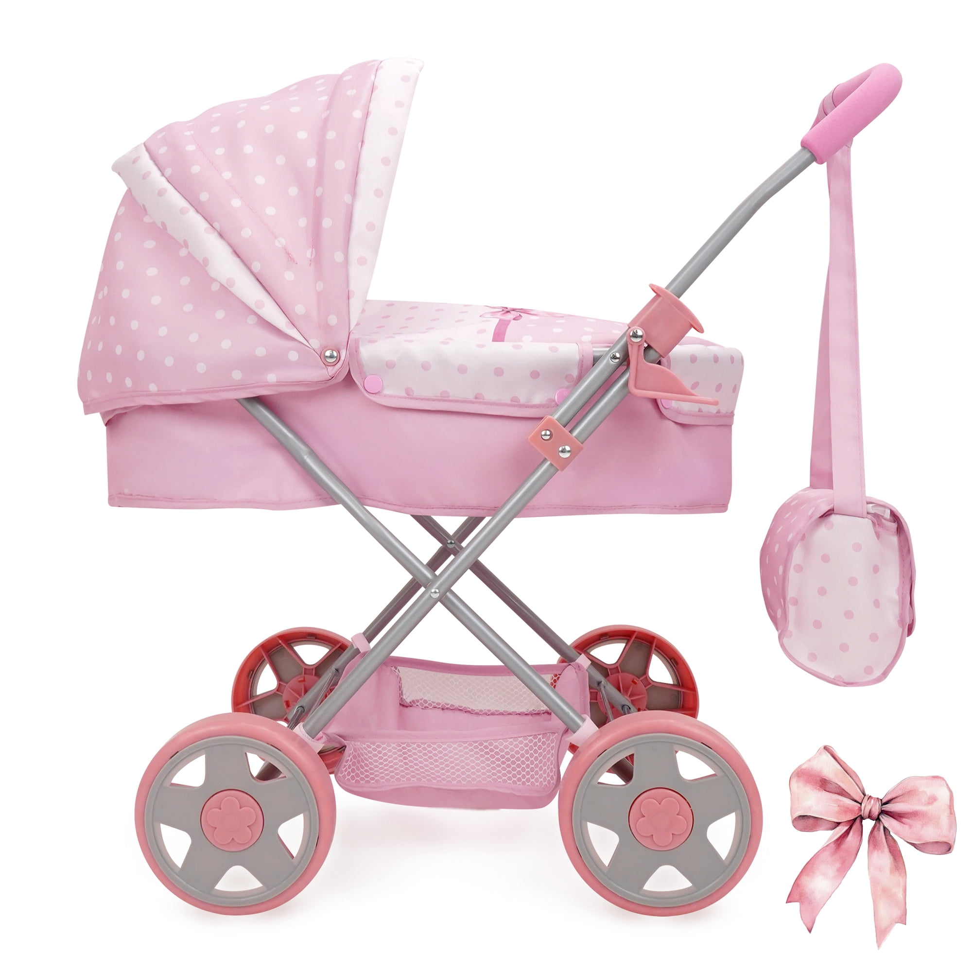 509 Crew: Bow Daisy Doll Pram - Pink & White, Handbag, Removable Bassinet, Canopy, Foam Handle, Push Stroller, Foldable, Doll Accessory Toy, Kids 3+