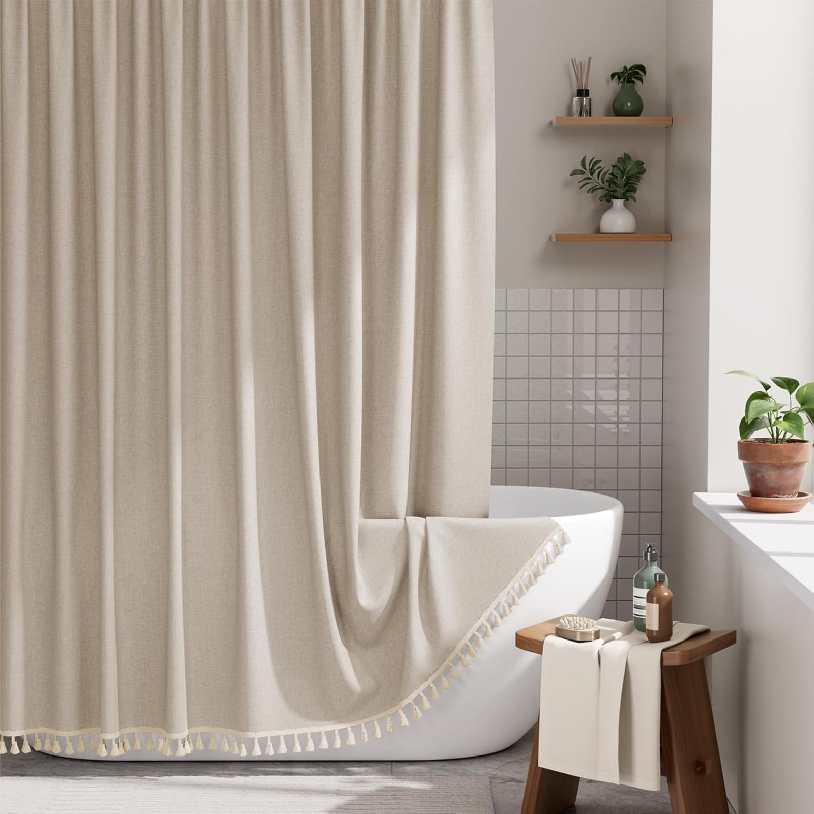 Boho Shower Curtain, Modern Farmhouse Shower Curtain Set with Tassels, Rustic Faux Linen Green Striped Shower Curtain with Hooks, Light Tan Toned, 71x71 Inches