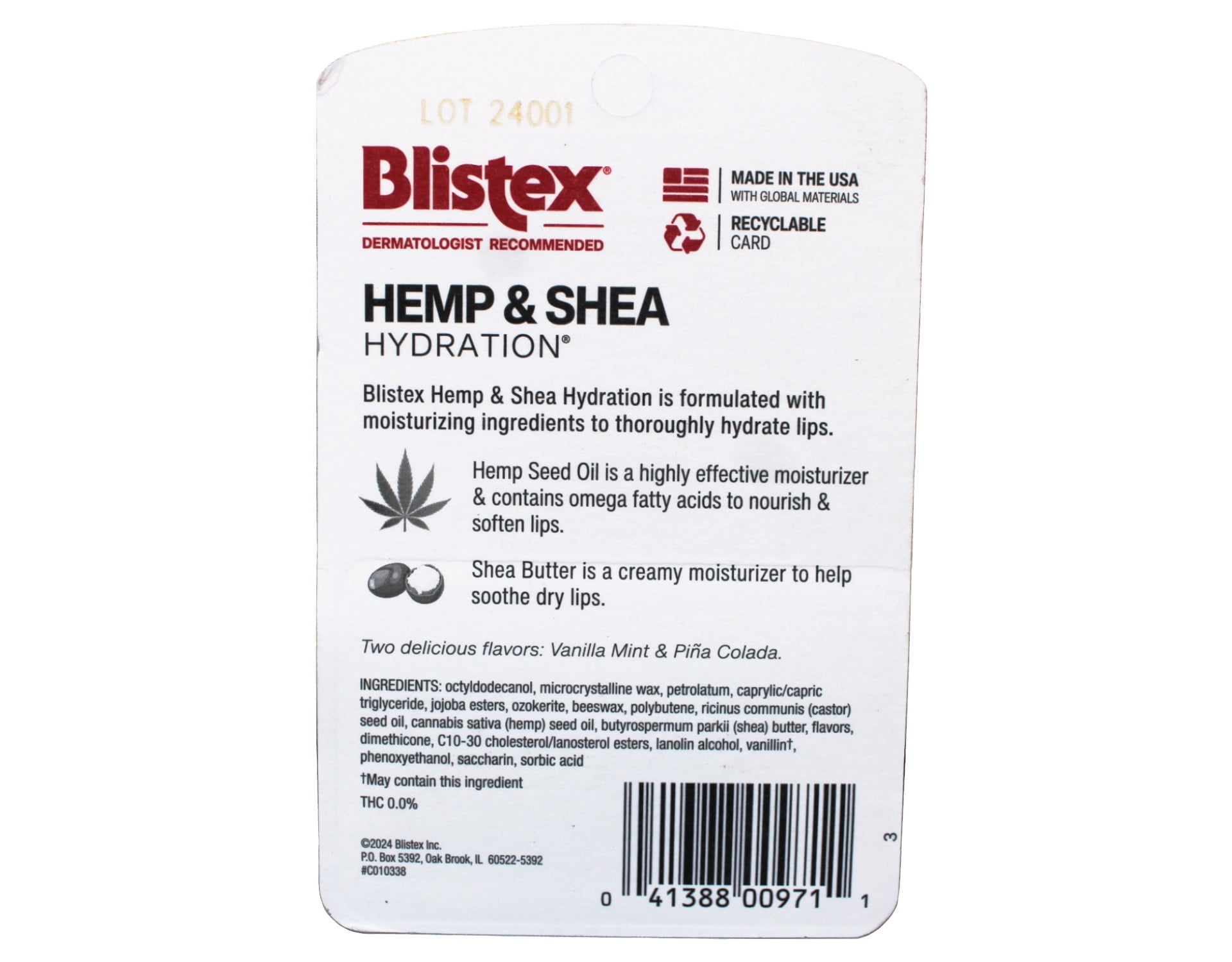 Blistex Hemp & Shea Hydration with Shea Butter & Hemp Seed Oil, 0.15 oz, 2 Count - 6 Pack