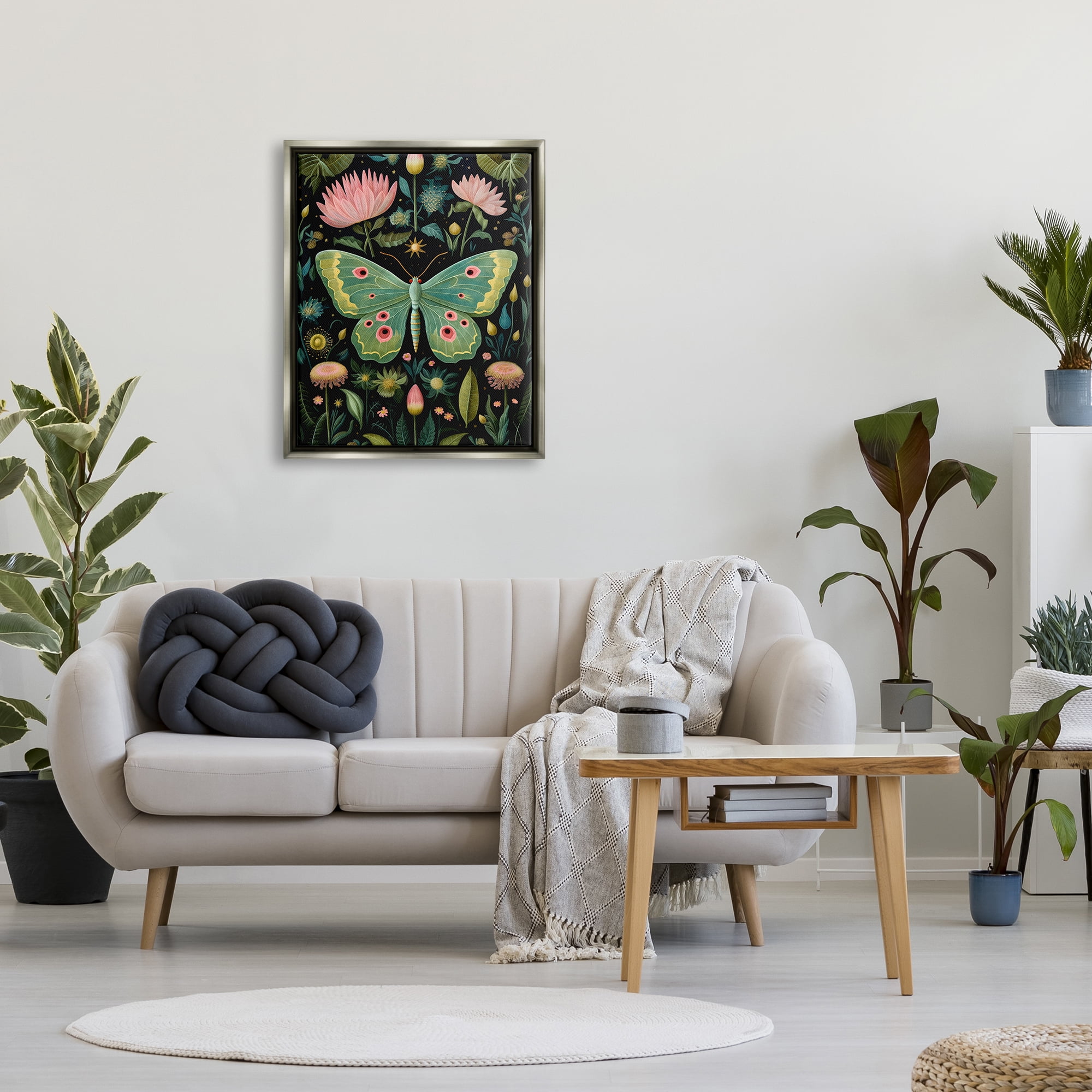 Stupell Industries Moth with Nature Botanicals Animals & Insects Painting Gray Floater Framed Canvas Art Print Wall Art, 25 x 31