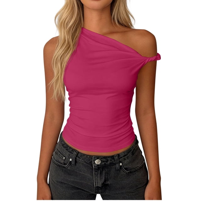 Fewfanhot Womens Spring Tops One Shoulder Ruched Crop Tank Tops Casual Off The Shoulder Summer Tanks Tops Going Out Crop Shirts