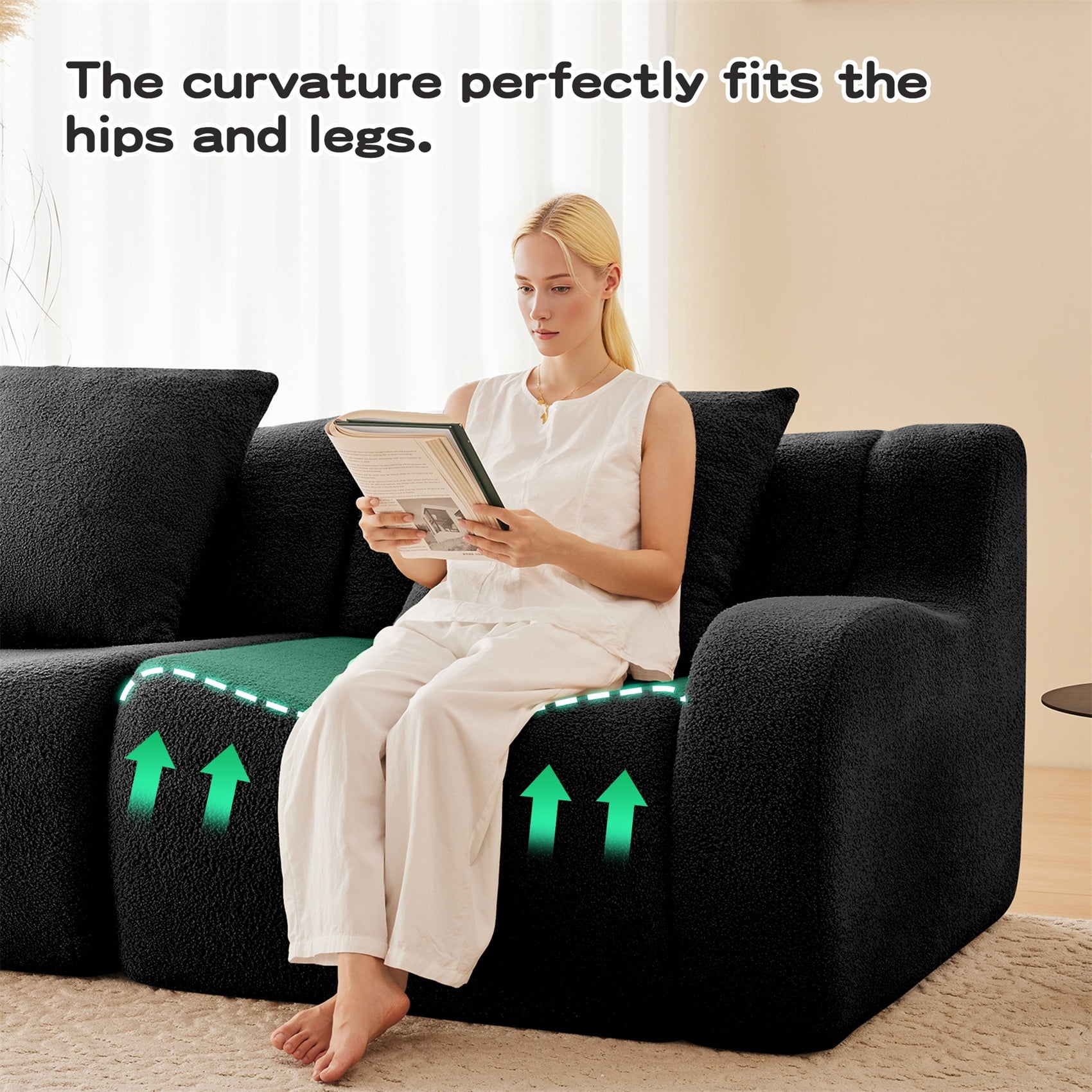 Alvantor Sectional Sofa with Reversible Ottoman U-Shaped 148" W 4-Seater Teddy Boneless Couch Modern Deep Seat Cloud Sofa for Living Room Black