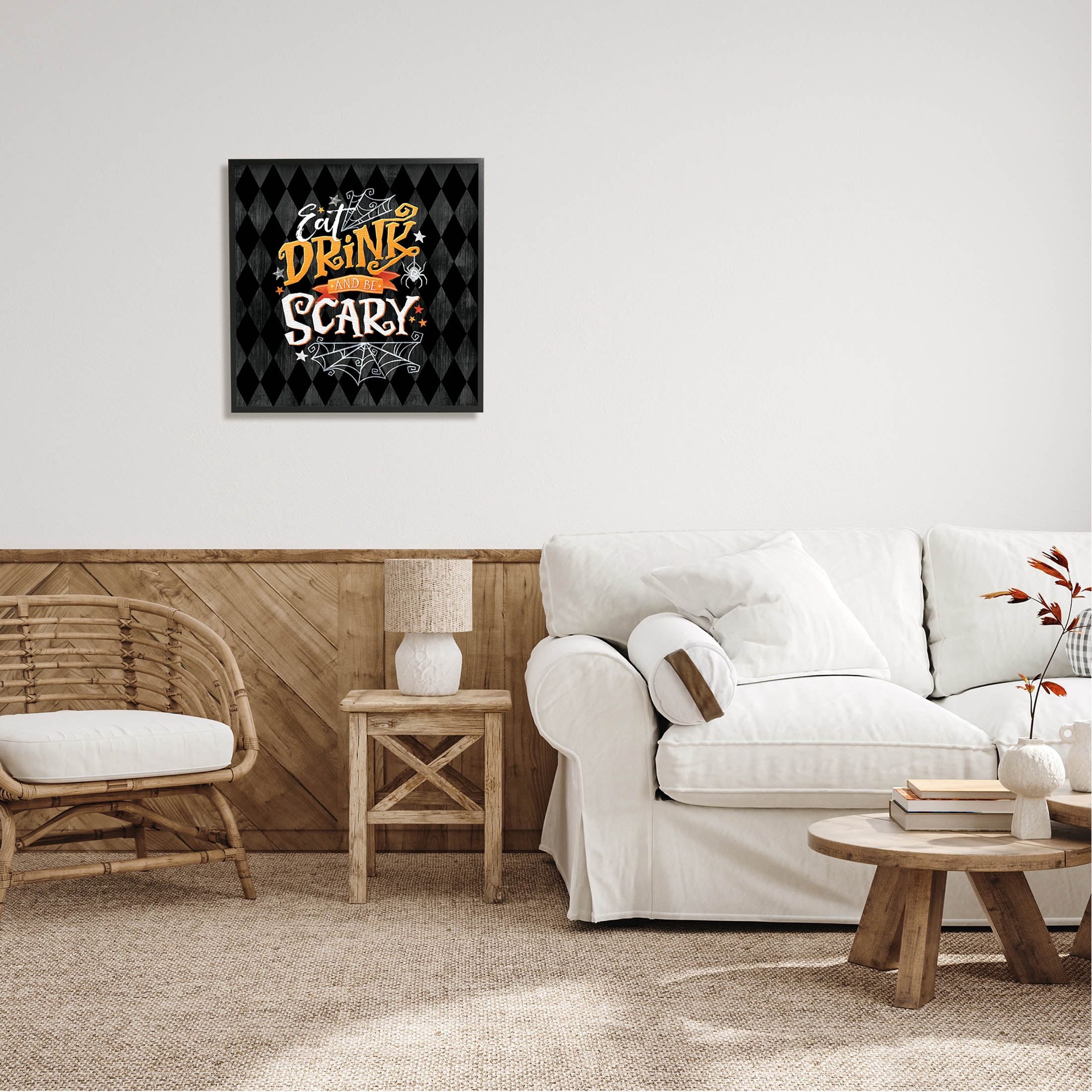 Eat Drink Be Scary Halloween Pattern Holiday Graphic Art Black Framed Art Print Wall Art