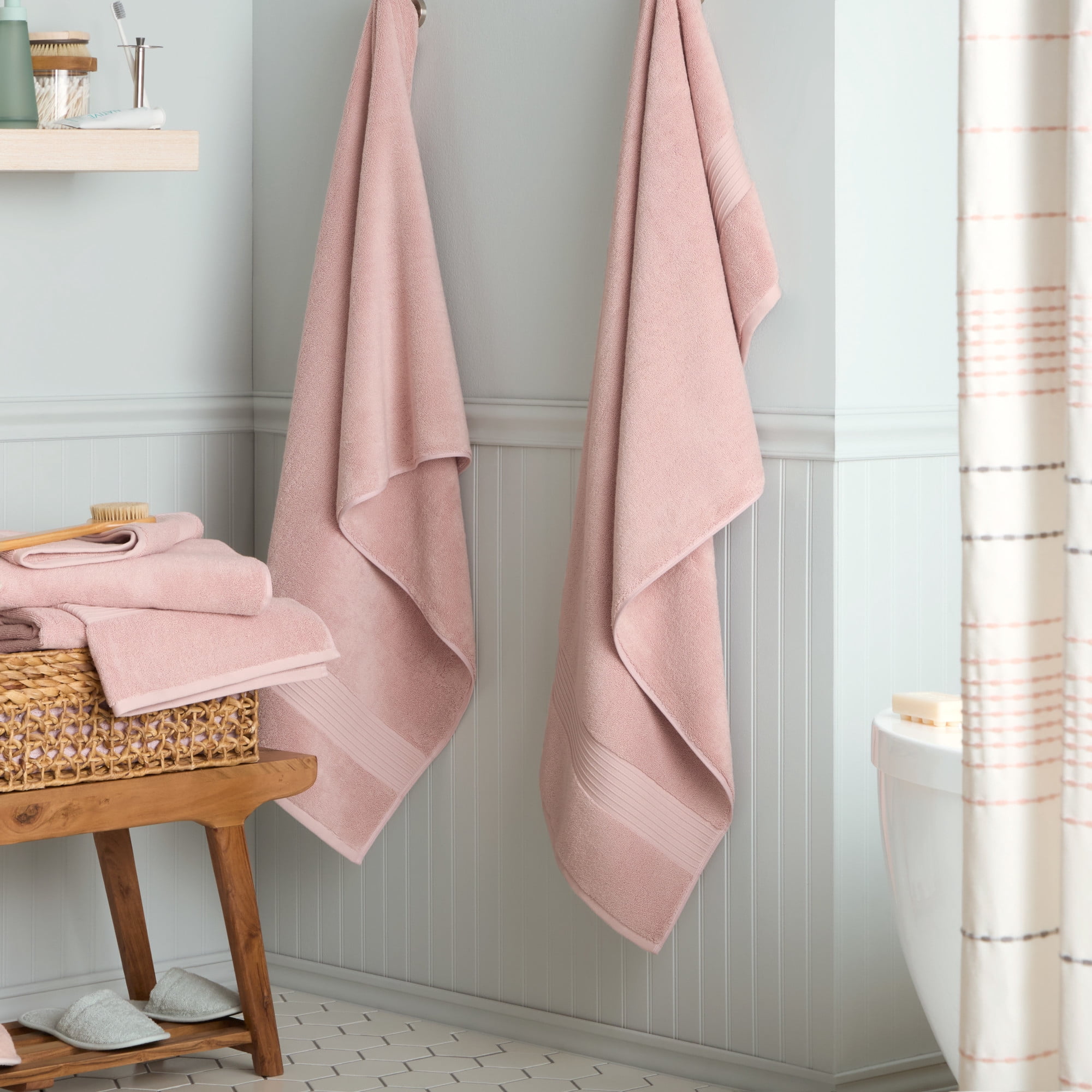 TOWN & COUNTRY EVERYDAY 4-Piece Solid Dobby Border Bath Towel Set, 30"x58", 100% Cotton, Plush & Absorbent 650GSM, Blush