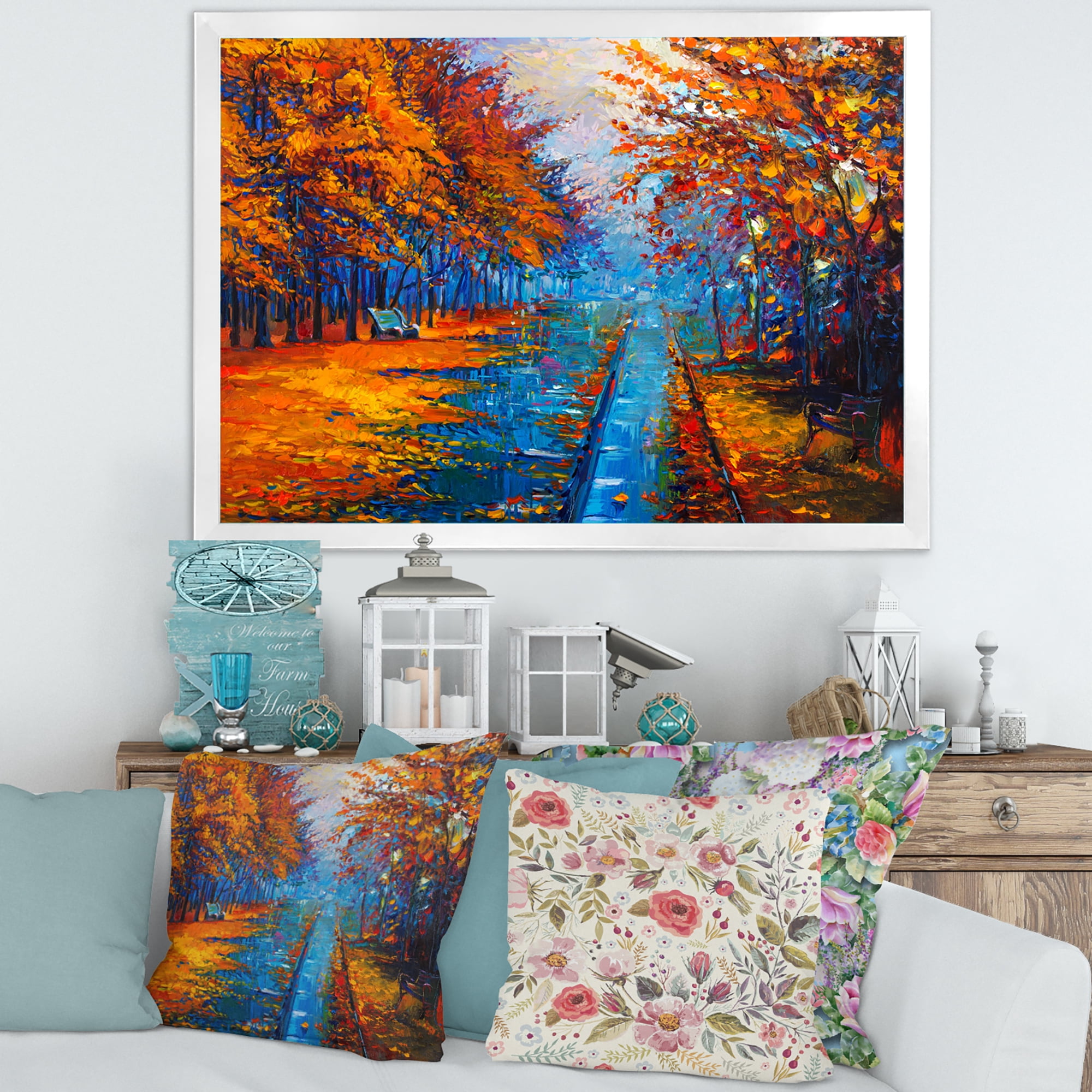 Designart 'Orange Autumn Landscape With Little Road II' Traditional Framed Art Print