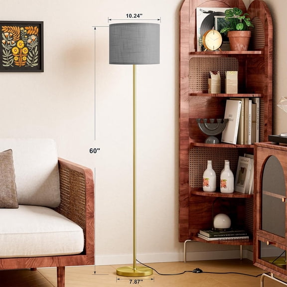 YUYAN-60'' Modern Floor Lamp with Shade, Tall Lamps for Living Room, Bedroom, Office, Dining Room, Linen Grey Shade with Brushed Gold Pole(Without Bulb)