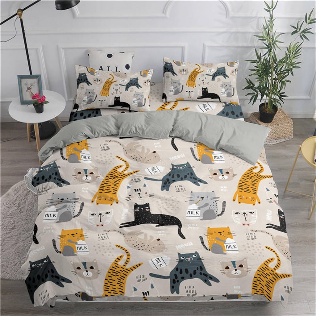 Kids Cute Cat Comforter Cover Pet Ultra Soft Microfiber Kitten Bedding