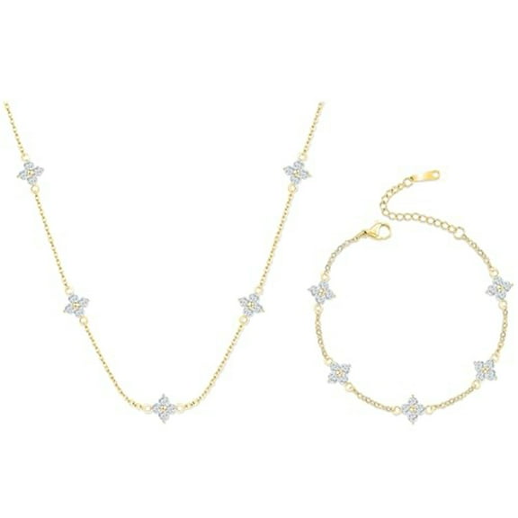 Dainty Clover Choker Bracelet Set for Women | 18K Gold Plated Cubic Zirconia Necklace and Link Bracelet | Four Leaf Lucky Jewelry for Her
