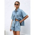 thumbnail image 6 of Women'S Denim 2 Piece Outfits Short Sleeve Button Down Shirt Drawstring Shorts Set Casual Jean Outfits Light Blue M, 6 of 8