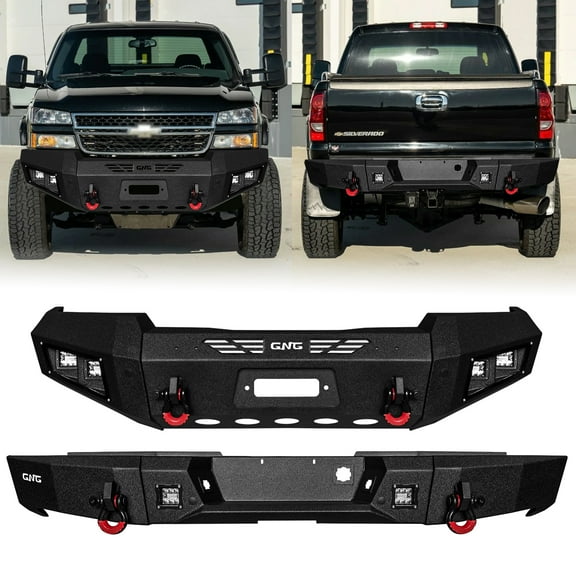 Vijay Compatible with 2003-2004-2005-2006 Chevrolet Silverado 1500 Front and Rear Bumper Textured Black Steel with Lights and D-rings