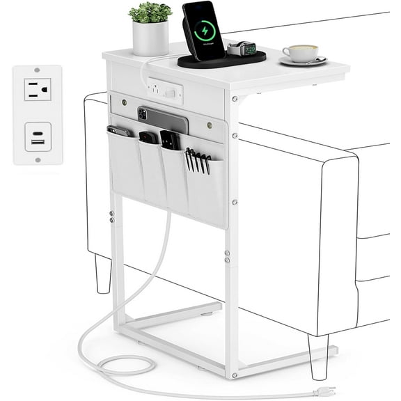 C Shaped End Table with Charging Station, 28" Tall Side Table for Couch, C Table End Tables Small Couch Side Tables, Slide Under Sofa Table TV Tray Arm Tables for Living Room, Bedroom, White