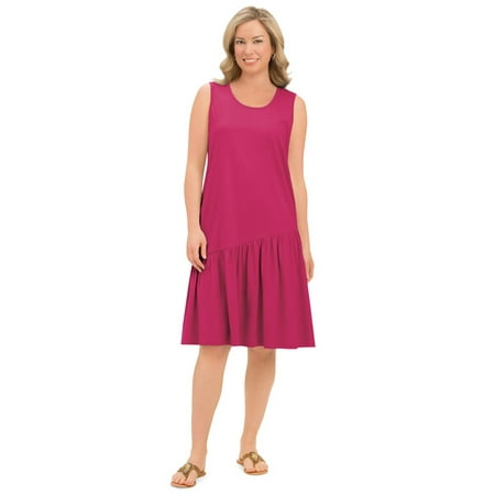 Knit Cotton Dress - Women's Cotton Knit Asymmetric Flounce Dress with Scoop Neckline, X-Large, Cherry