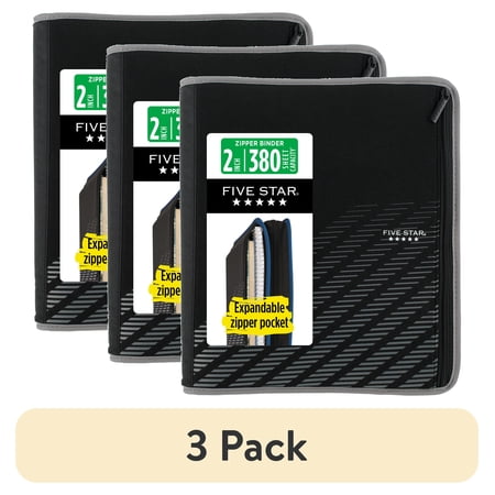 (3 pack) Five Star Xpanz Zipper Binder, 2" Round Rings, 380 Sheets, Gray (28090HX9)