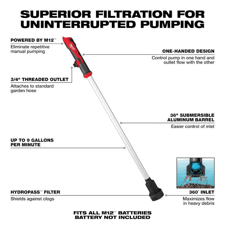 Milwaukee M12 Cordless Electric Water Transfer Pump, Battery