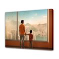 thumbnail image 1 of Un hombre adulto y un niño pequeño de pie junto a una ventana grande, mirando el paisaje urbano, póster de lienzo, decoración de dormitorio, paisaje deportivo, decoración de habitación de oficina,, 1 of 8