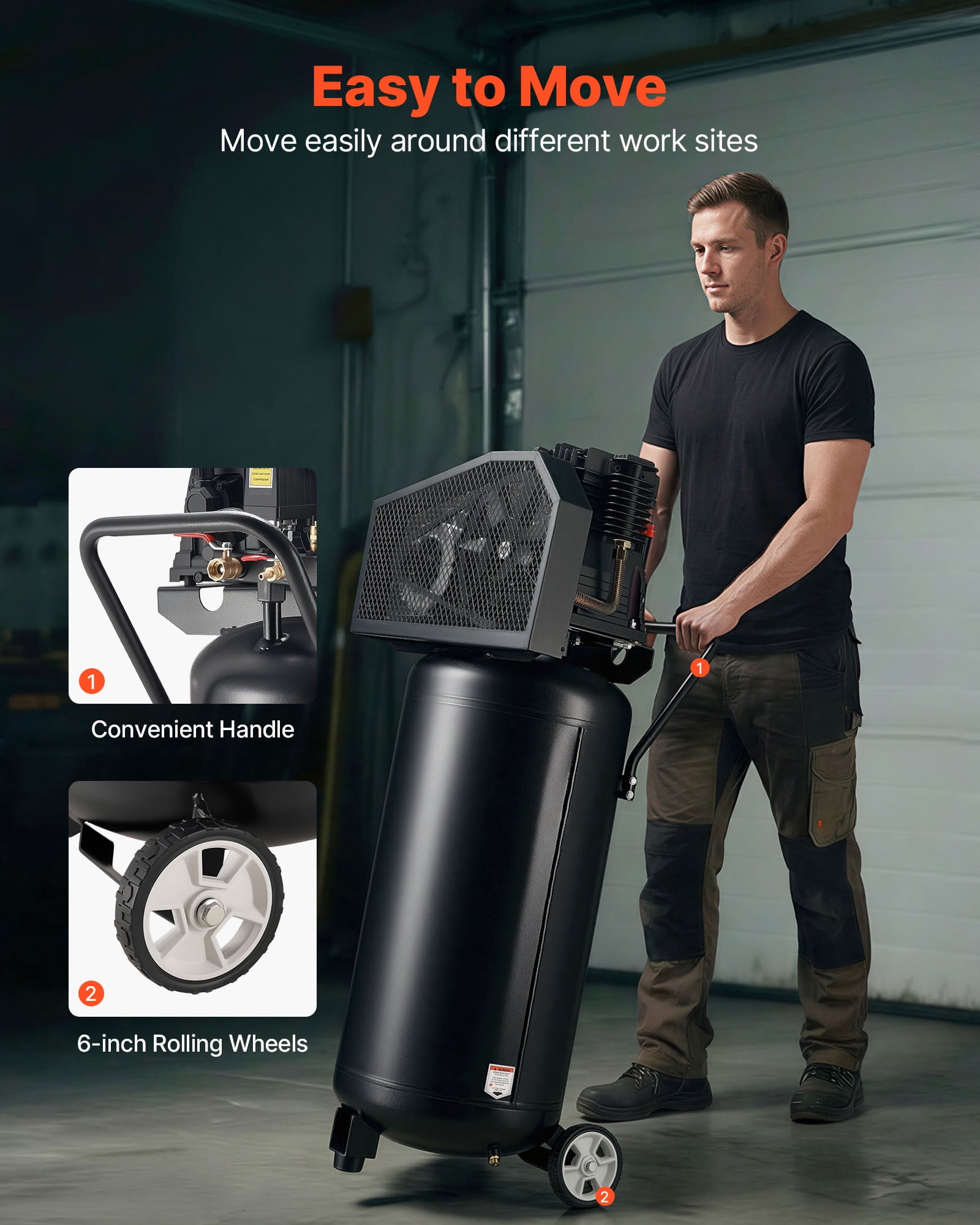 VEVOR 30-Gallon Air Compressor, 2HP 5.3SCFM at 90PSI, Max 125PSI Pressure Oil-Lubricated Air Compressor Tank, Portable on Wheels for Auto Repair, Tire Inflation, Spray Painting, Woodwork Nailing,120V