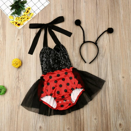 Toddler Baby Girls Ladybug Sunsuit Tutu Dress Headband Outfits Clothes Skirt
