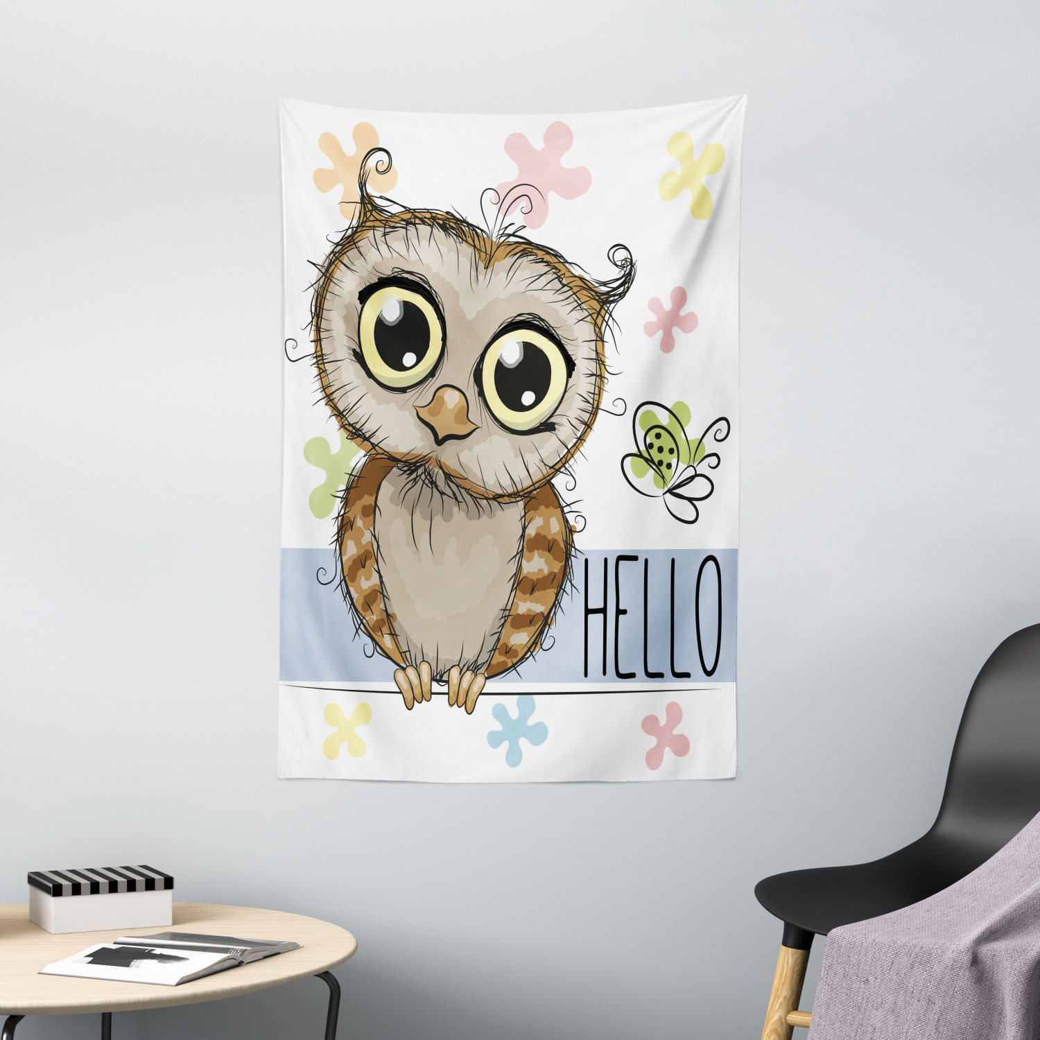 thumbnail image 1 of Owls Tapestry, Cartoon Owl and a Butterfly on a Floral Background with Hello Message Illustration, Wall Hanging for Bedroom Living Room Dorm Decor, 40W X 60L Inches, Multicolor, by Ambesonne, 1 of 2
