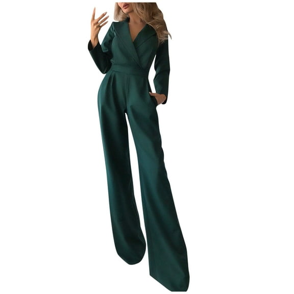 Aayomet Womens Rompers And Jumpsuits Women's Long-sleeved Jumpsuit Sets Slim Fit Elegant Jumpsuit Solid Color Long Sleeve V Neck,Green XL