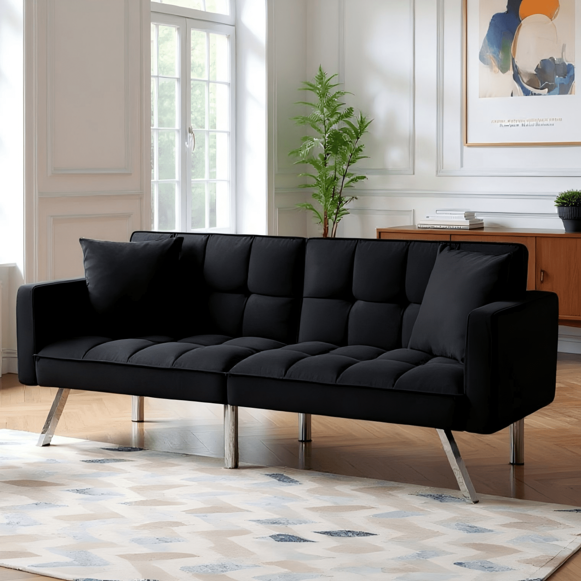 BSHTI 74" Velvet Convertible Futon Sofa Bed with Split Back & Square Tufting, 3-Position Adjustable, Metal Legs, 2 Toss Pillows for Living Room & Guest Room, Black