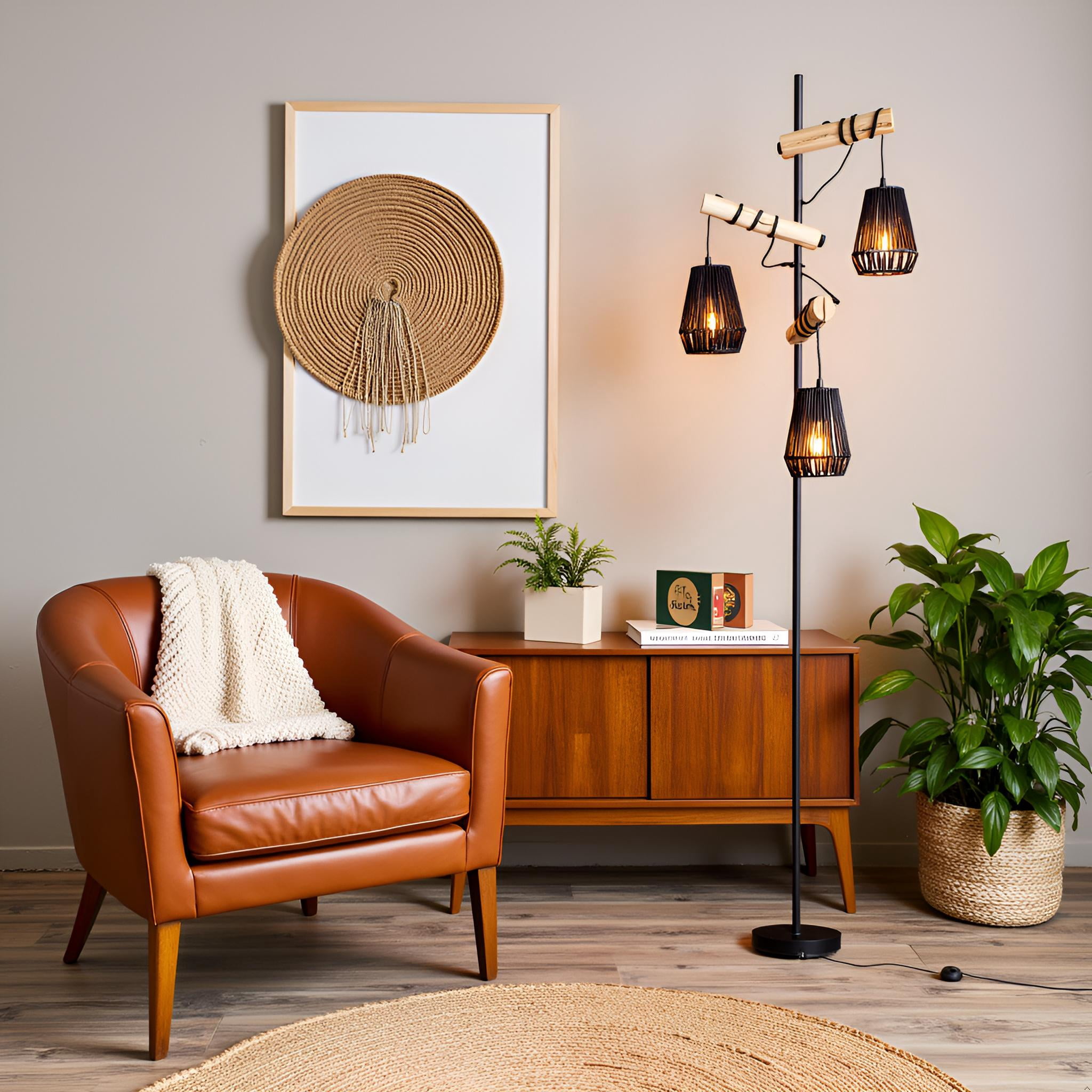 Floor Lamp 3 light,Handmade Boho  Shades Boho Wooden Standing Lamps  Farmhouse floor lamps for living room