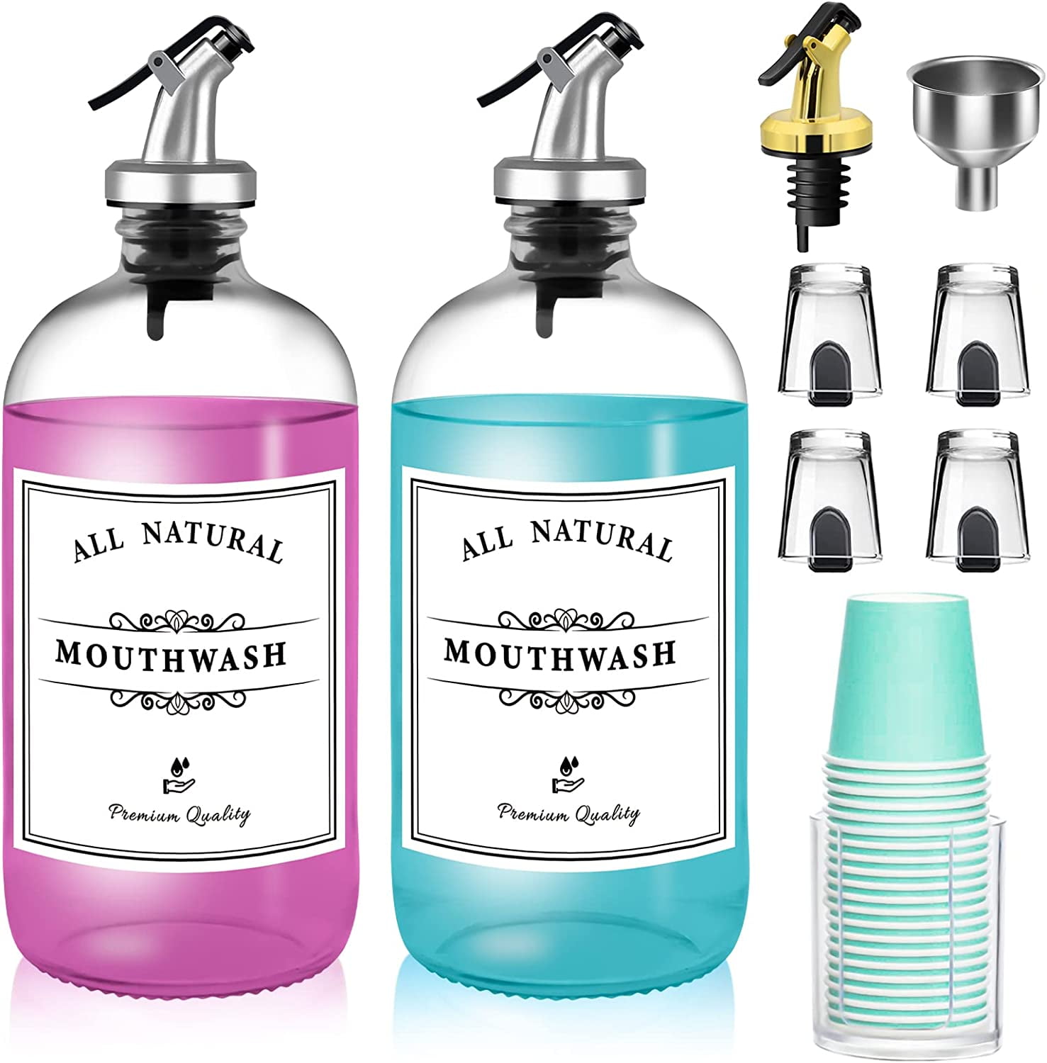 Mouthwash Dispenser for Bathroom with Cup Holder, 2 Pack 16 oz Clear