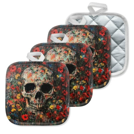 

4Pcs Pot Holder for Kitchen Gorgeous Petal - Encircled Skull Composition Square Heat Resistant Hotpads 8x8in Non Slip Dirt-Proof Kitchen Cook Oven Potholders Machine Washable
