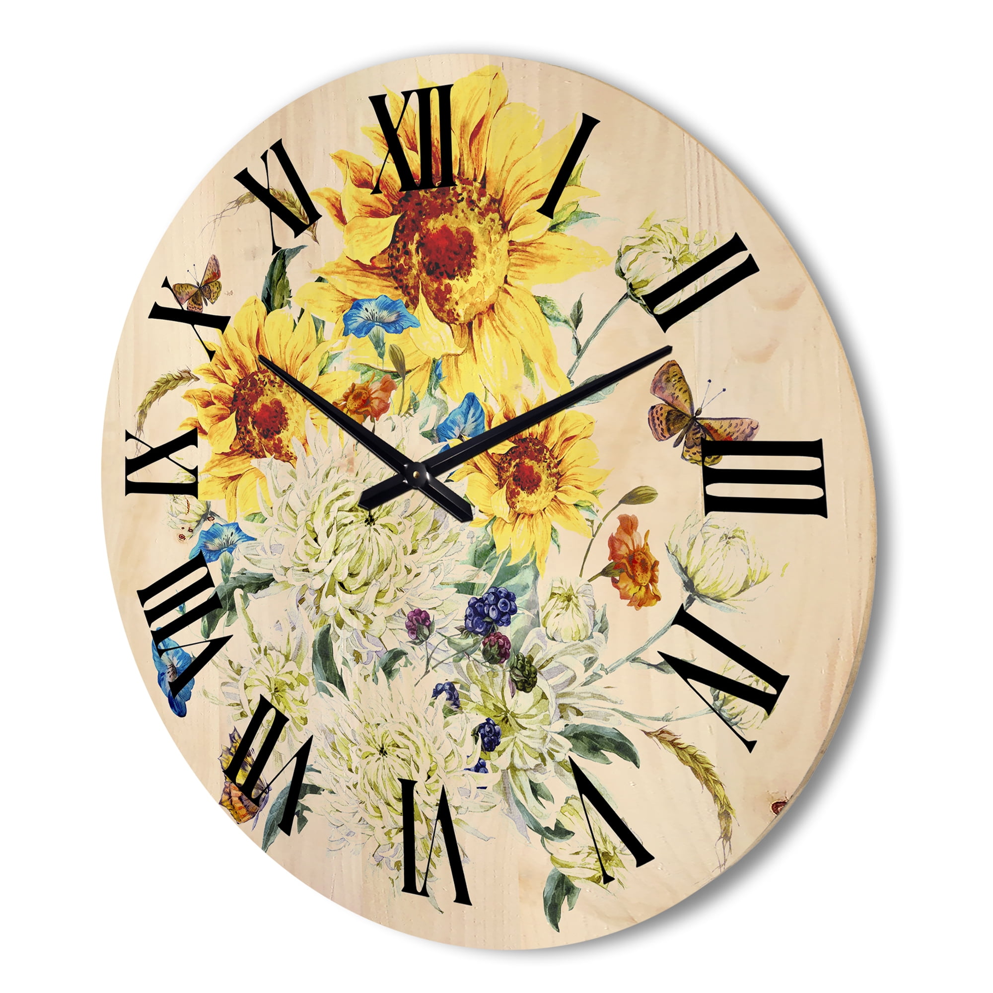 Designart 'Ancient Chrysanthemums and Sunflowers' Traditional Wood Wall Clock