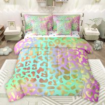 jejeloiu Abstract Leopard Print 7pcs Bedding Comforter Set,Country Farmhouse Lodge Queen Bedding Sets,Green Pink Ombre Queen Sheet Sets For Girl,Microfiber Bedroom Decor Reversible