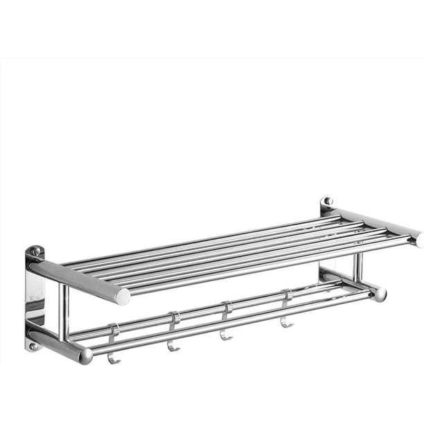 Toallero de Baño de Pared, Estantes de Toallas Acero Inoxidable, con Barras y 4 Ganchos Extraíbles, Toallero Repisa de Toalla a Prueba de Oxido, Porta Toallas para Baño 23 Pulgadas, Plata