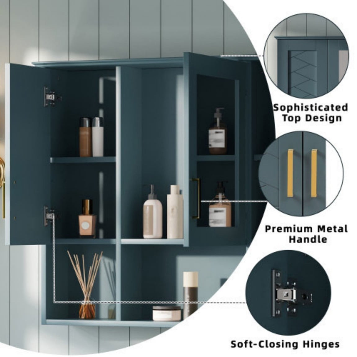 35" Wall Mounted Medicine Cabinet with Mirror, Bathroom Storage Cabinet with Adjustable Shelves, Soft Close Doors, Modern Mirror Cabinet for Vanity, Blue